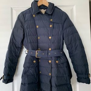 Burberry Navy Blue Brit Double Breasted Belted Down Jacket. Coat Size 4 (S).
